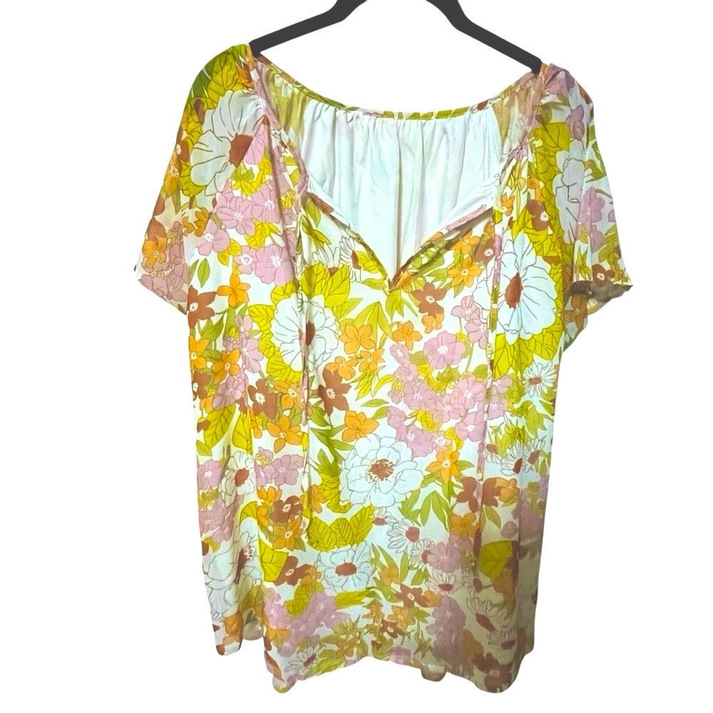 FLOWY SHORT SLEEVE VINTAGE PRINT FLORAL FLORAL PRINT KEYHOLE TIE FRONT BLOUSE XL